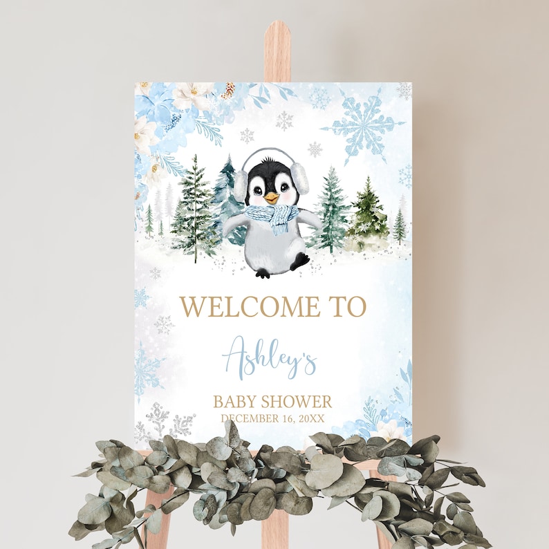 Editable Winter Penguin Baby Shower Welcome Sign, Boy Penguin Baby Shower Welcome Poster, Blue Baby It's Cold Outside Baby Shower Sign, 0559 image 1