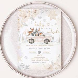 Editable Winter Woodland Baby Shower Invitation, Woodland Winter Baby Shower Invite, Gender Neutral Baby it's Cold Outside Invitation, 0533 image 1