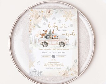 Invito modificabile per la baby shower nel bosco invernale, Invito per la baby shower invernale nel bosco, Genere neutro Baby fa freddo fuori invito, 0533
