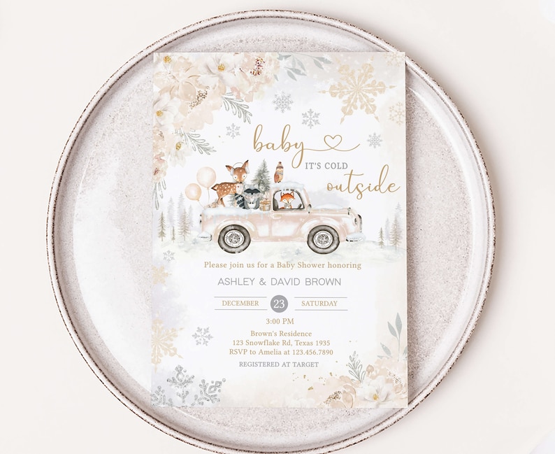 Editable Winter Woodland Baby Shower Invitation, Woodland Winter Baby Shower Invite, Gender Neutral Baby it's Cold Outside Invitation, 0533 image 1