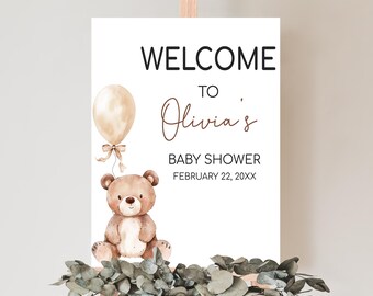 Editable Minimalist Teddy Bear Baby Shower Welcome Sign, We Can Bearly Wait Baby Shower Welcome Poster, Neutral Bear Balloon Sign, 01037