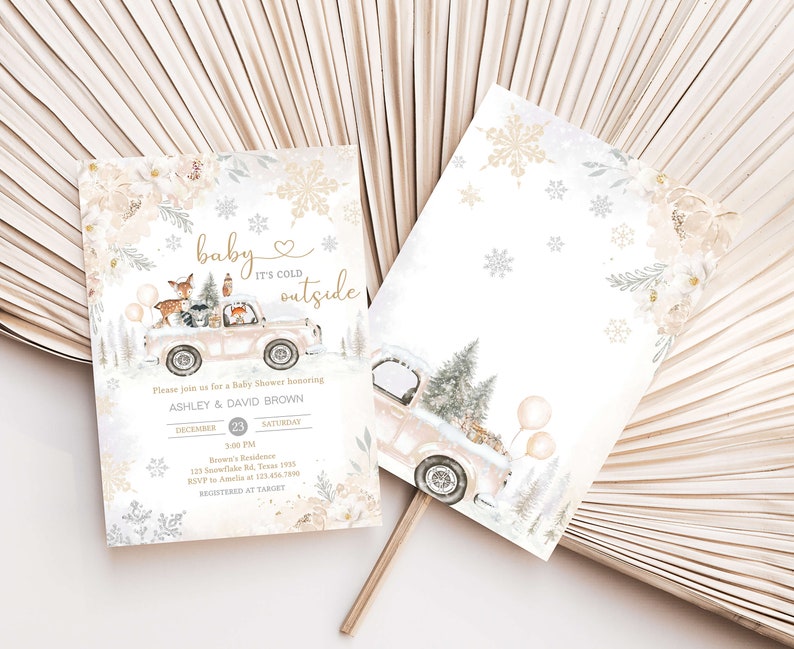 Editable Winter Woodland Baby Shower Invitation Bundle, Woodland Winter Baby Shower Invite Set, Gender Neutral Baby it's Cold Outside, 0533 image 2