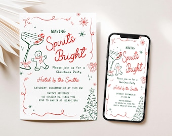 Editable Making Spirits Christmas Invitation, Adult Christmas Cocktail Invite, Spirits Bright Holiday Invitation, Holiday Party Invite, 50SE