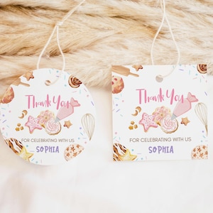 Bearbeitbarer Cookie-Dekorationsparty-runder Bevorzugungsanhänger, Plätzchen-Backen-Geburtstags-Umbau, Kindergeburtstags-Gastgeschenk-Tag, rosa Zuckerplätzchen-Party, 88BD