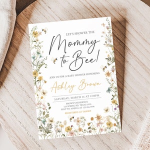 Editable Bee Baby Shower Invitation Bundle, Mommy to Bee Gender Neutral Baby Shower Invite Set, Wildflower Bee Baby Shower Invitation, 0639 image 3