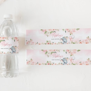 Edytowalna etykieta na butelkę z różowym słoniem na baby shower, etykieta na wodę na balon z dziewczynką słoniem, naklejki na butelkę z wodą z różowym balonem 0615 zdjęcie 3