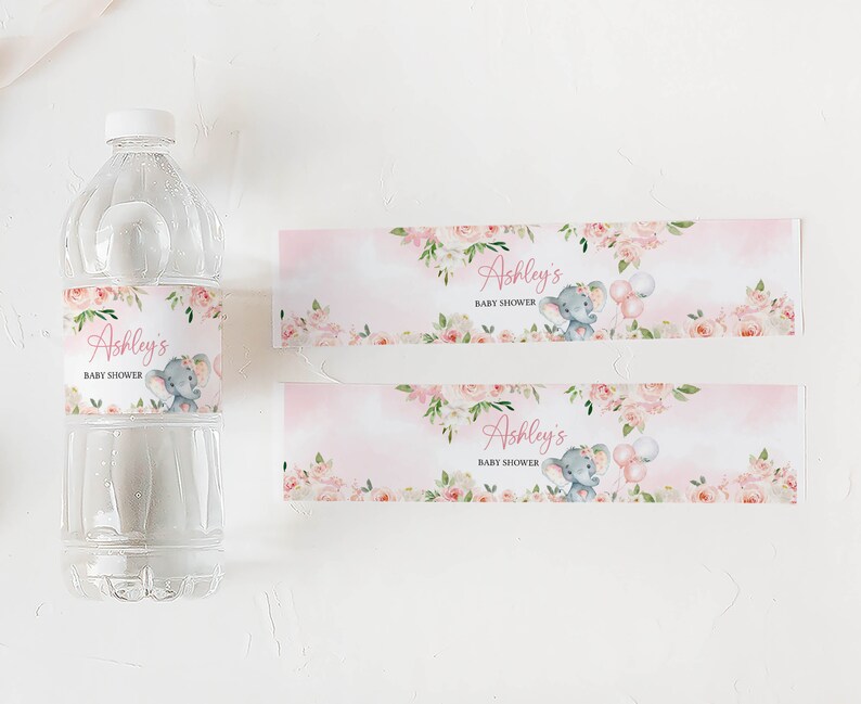 Edytowalna etykieta na butelkę z różowym słoniem na baby shower, etykieta na wodę na balon z dziewczynką słoniem, naklejki na butelkę z wodą z różowym balonem 0615 zdjęcie 3