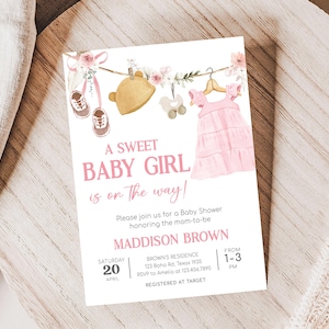 Editable Girl Baby Clothes Baby Shower Invitation, Sweet Baby Girl Baby Shower Invitation, Pink Floral Boho Laundry Baby Shower Invite 01049