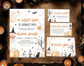 Editable Orange A Little Boo Baby Shower Invitation Bundle, Neutral Halloween Baby Shower Invite, Ghost Spooky Fall Baby Shower Invite 0929