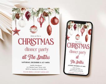 Puede incluir: Una invitación a una cena de Navidad con adornos de acuarela y texto. La invitación incluye las palabras "cena de Navidad en The Smiths" y detalles del evento. Un teléfono inteligente muestra la misma invitación.