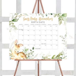Bearbeitbarer Greenery Deer Fälligkeitsdatumskalender für die Babyparty, Rehwald-Babypartykalender, Oh Deer Waldtier Geburtstagsvorhersagen 0370