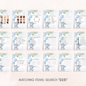May include: A set of 12 baby shower game cards featuring a blue and white elephant design with blue balloons. The cards include games like "Guess the Baby Food" and "Who Am I?"
