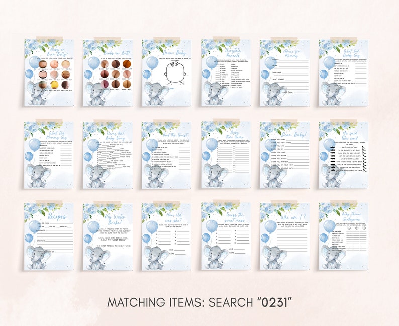 May include: A set of 12 baby shower game cards featuring a blue and white elephant design with blue balloons. The cards include games like "Guess the Baby Food" and "Who Am I?"