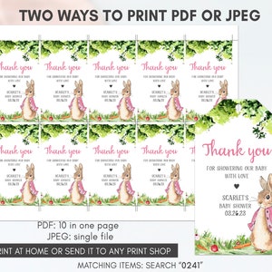 May include: Ten printable thank you tags featuring a watercolor illustration of a bunny rabbit wearing a pink jacket. The text on the tags reads "Thank you for showering our baby with love, Scarlet's Baby Shower, 03.26.23".