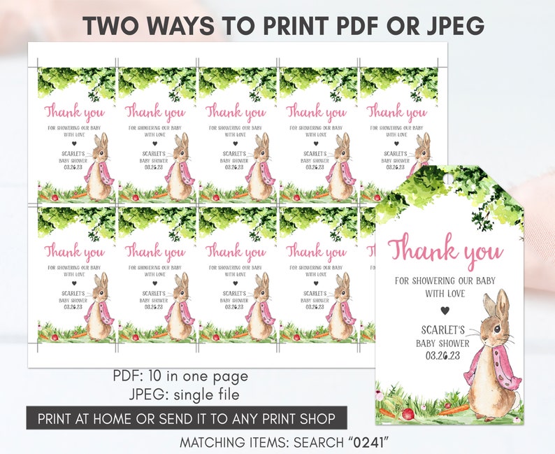 May include: Ten printable thank you tags featuring a watercolor illustration of a bunny rabbit wearing a pink jacket. The text on the tags reads "Thank you for showering our baby with love, Scarlet's Baby Shower, 03.26.23".