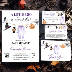 Editable A Little Boo is Almost Due Baby Shower Invitation Bundle, Spooky Fall Baby Shower Invite, Purple Halloween Baby Shower Invite, 0920