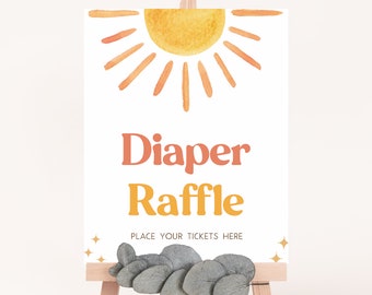 Diaper Raffle Sign Sunshine Baby Shower, Here Comes the Son Baby Shower Diaper Game Sign, Retro Sun Baby Shower Sign, Boy Boho Sunshine 0640