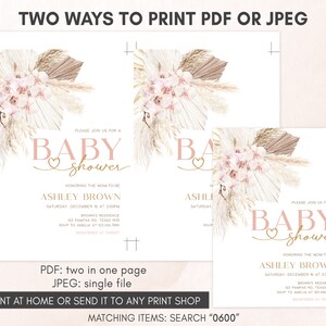 Invitación editable de baby shower boho rosa, invitación de baby shower de hierba de pampas para niña, plantilla de invitación de baby shower floral boho rústico, 0600 imagen 3