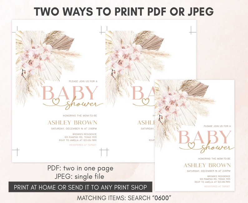 Invitación editable de baby shower boho rosa, invitación de baby shower de hierba de pampas para niña, plantilla de invitación de baby shower floral boho rústico, 0600 imagen 3