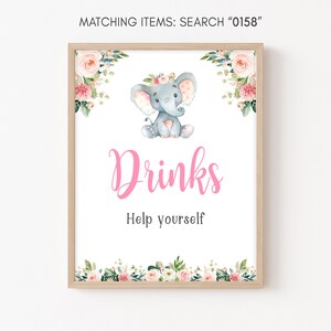 Elephant Baby Shower Drinks Sign, Pink Floral Elephant Drink Table Sign, It&#39;s a Girl Little Peanut Printable Sign Decorations Template 0158