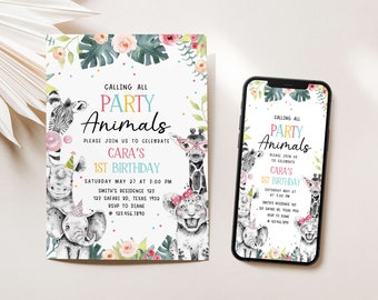 Editable Wild One Birthday Invitation, Girl Safari Birthday Invite, Safari Animals First Birthday Party, Jungle Animals 1st Birthday, 3BD
