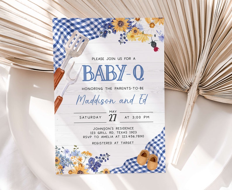 Bearbeitbares Blau BBQ Babypartyeinladungs-Set Baby-Q-Dusche einladen Pack Junge Hinterhof Barbeque Picknick Paare Dusche Printable Vorlage 0304 Bild 2
