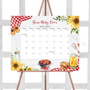 May include: A white wooden sign with a red and white checkered background. The sign has a calendar with the month of October and the text "Guess Baby Cara's Birth Date". There are various images of food and drinks, including a grill, hot dogs, a sandwich, and a beer.