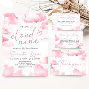 Editable On Cloud 9 Baby Shower Invitation Bundle, Pink We&#39;re On Cloud Nine Baby Shower Invite Set, Baby Girl Cloud Baby Shower Invite 01103