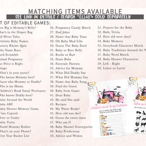 a list of editable games and a list of items available, along with their descriptions. The list includes games like "What's in the Momma's Belly?" and "Prayers for the Baby." There are also items such as "Nursery Rhyme Quiz" and "Baby Name Race." The list provides details on how to use these games and items, and it is available for purchase separately.