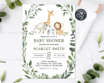 Editable Safari Baby Shower Invitation, Jungle Baby Shower Invite, Gender Neutral Greenery Safari Animals Invitation Printable Template 0334