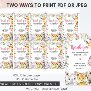 May include: Ten printable thank you tags featuring a pink floral design with a giraffe, lion, zebra, and rhino. The text reads "Thank you for showering our baby with love" and includes the name Samantha's Baby Shower and the date 05.06.23.