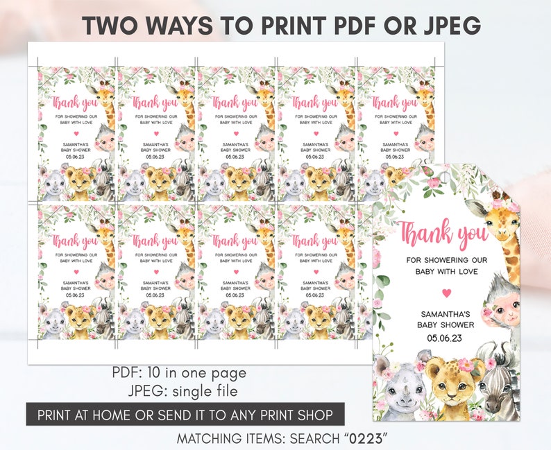 May include: Ten printable thank you tags featuring a pink floral design with a giraffe, lion, zebra, and rhino. The text reads "Thank you for showering our baby with love" and includes the name Samantha's Baby Shower and the date 05.06.23.