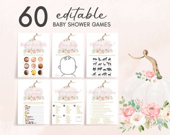 Redigerbara babyshower-spel med rosa blommor och pumpa, spelpaket med höstbabyshower för flickor, små pumpa- och höstbabyshowerspel, 0809