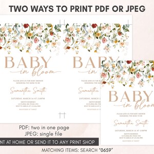 Bewerkbare baby in bloei babyshower uitnodiging, boho lente bloemen babyshower uitnodiging, wilde bloemen lente babyshower uitnodiging sjabloon 0659 afbeelding 3