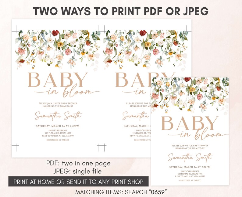 Bewerkbare baby in bloei babyshower uitnodiging, boho lente bloemen babyshower uitnodiging, wilde bloemen lente babyshower uitnodiging sjabloon 0659 afbeelding 3