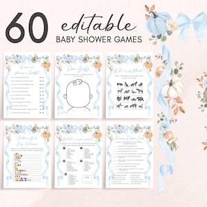Editable Little Pumpkin Baby Shower Games Bundle, Blue Pumpkin Fall Baby Shower Game Pack, Boy Bow Floral Pumpkin Baby Shower Games, 01110