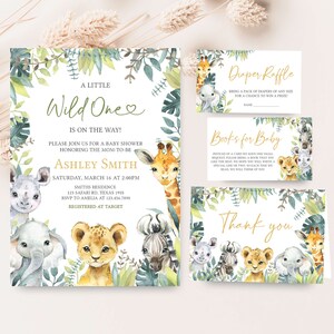 Editable Wild One Baby Shower Invitation Bundle, Jungle Safari Baby Shower Invite Set, Greenery Safari Animals Baby Shower Invite Pack, 0648 image 1