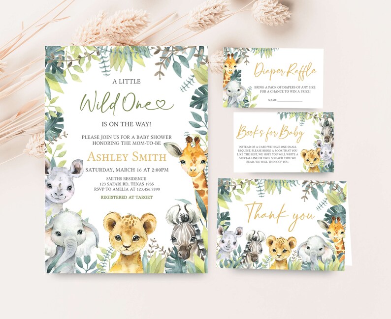 Editable Wild One Baby Shower Invitation Bundle, Jungle Safari Baby Shower Invite Set, Greenery Safari Animals Baby Shower Invite Pack, 0648 image 1