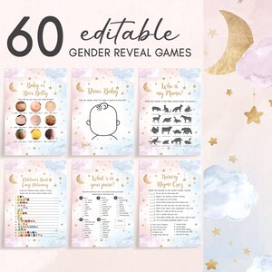 Pode incluir: Uma coleção de seis jogos editáveis de revelação de género com um tema celestial. Os jogos incluem "Baby or Beer Belly", "Draw Baby" e "Who is my Mama?". O design apresenta um fundo aquarela rosa e azul com estrelas e luas douradas.