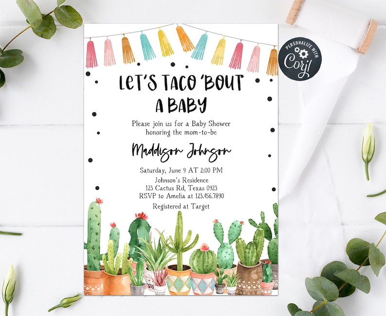 Editable Fiesta Cactus Baby Shower Invitation Taco Bout Baby Invitation Mexican Baby Shower Invite Succulent Printable