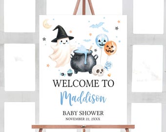 Editable A Little Boo is Almost Due Baby Shower Welcome Sign, Blue Spooky Ghost Baby Shower Welcome Poster, Boy Halloween Shower Sign, 01149