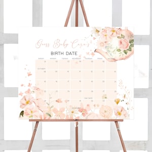 Bearbeitbarer Teeparty-Babyparty-Fälligkeitsdatumskalender, Tee für zwei Babypartykalender, Mädchen-Blumen-Teeparty-Dusche-Geburtstagsvorhersagen, 01006