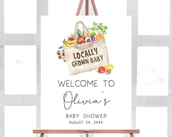 Cartel de bienvenida para baby shower editable con texto "Baby On The Way" de cultivo local, cartel de bienvenida para baby shower en el mercado de agricultores, baby shower para fiesta en el jardín, 0956