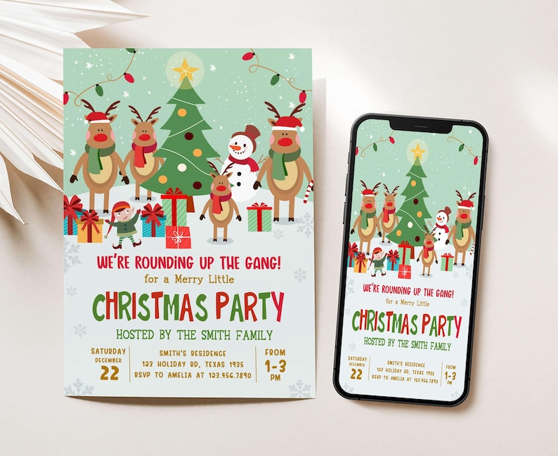 a christmas party with a phone next to it