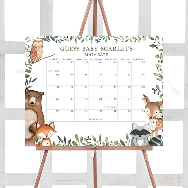Editable Woodland Baby Shower Due Date Calendar Woodland Animals Baby Shower Calendar Wild Forest Animals Birthday Predictions Template 0336