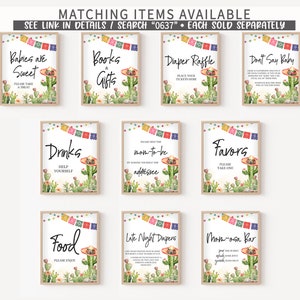 May include: Set of ten printable signs for a fiesta themed baby shower. The signs feature a cactus and sombrero design with text that reads "Babies are Sweet", "Books & Gifts", "Diaper Raffle", "Don't Say Baby", "Drinks", "Help the Mom-to-be Addressee", "Favors", "Food", "Late Night Diapers", and "Mom-osa Bar".