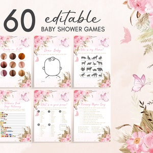 Op de afbeelding: Een set van zes afdrukbare babyshower spellen met een bloemen- en vlinderthema. De spellen omvatten "Boobs or Butt?", "Draw Baby" en "Who is my Mama?". De tekst "60 bewerkbare babyshower spellen" staat bovenaan.