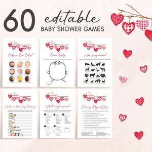 Pacchetto modificabile di giochi per baby shower di San Valentino, pacchetto di giochi per baby shower di un piccolo innamorato, modello di set di giochi per baby shower con cuori rosa rossi, 0588