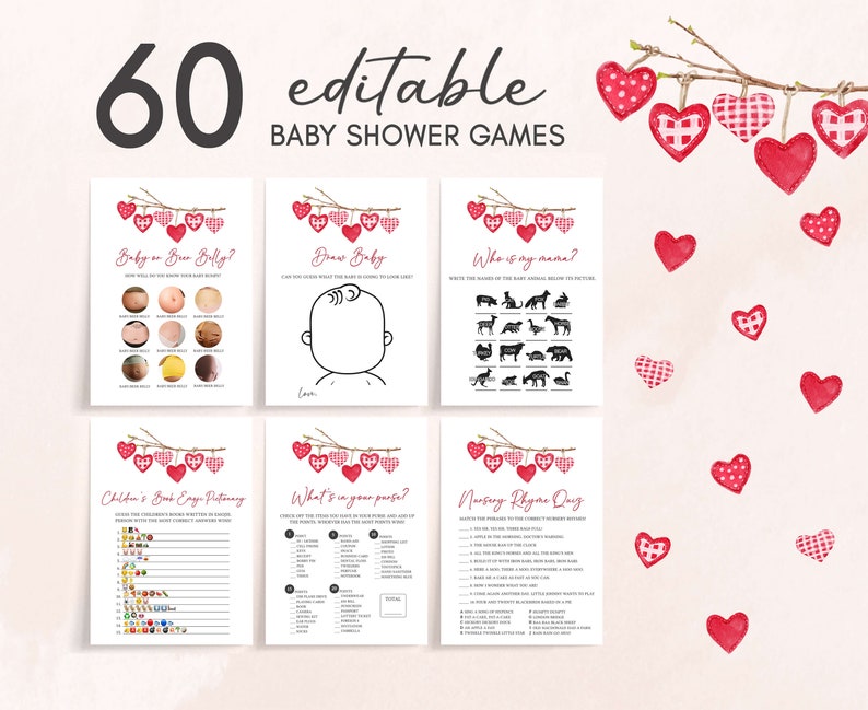 Paquete editable de juegos de baby shower de San Valentín, paquete de juegos de baby shower A Little Sweetheart, plantilla de conjunto de juegos de baby shower de corazones rojos rosados, 0588 imagen 1