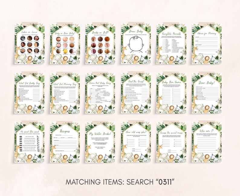 Editable Wild One Baby Shower Games Bundle, Greenery Safari Jungle Baby Shower Game Pack, Boy Jungle Safari Animals Games Set Template 0311 image 2